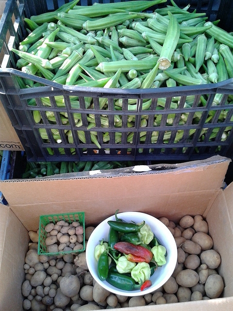 Okra, potato, pepper, plus cornbread muffins and collard seeds