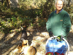 20121031 111820 Gretchen the farmer with okra and peppers and Brown Dog and Yellow Dog