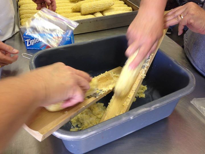 720x540 Creaming corn, in Canning corn and peaches at Lowndes High School, by Gretchen Quarterman, for OkraParadiseFarms.com, 12 July 2014