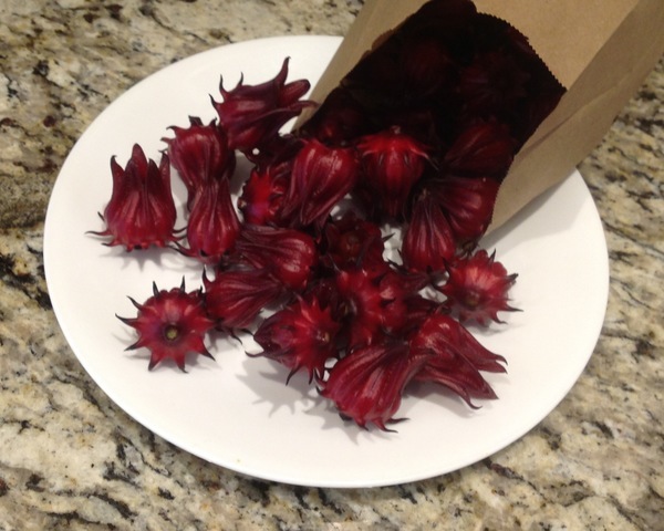 Roselle pods from bag on plate