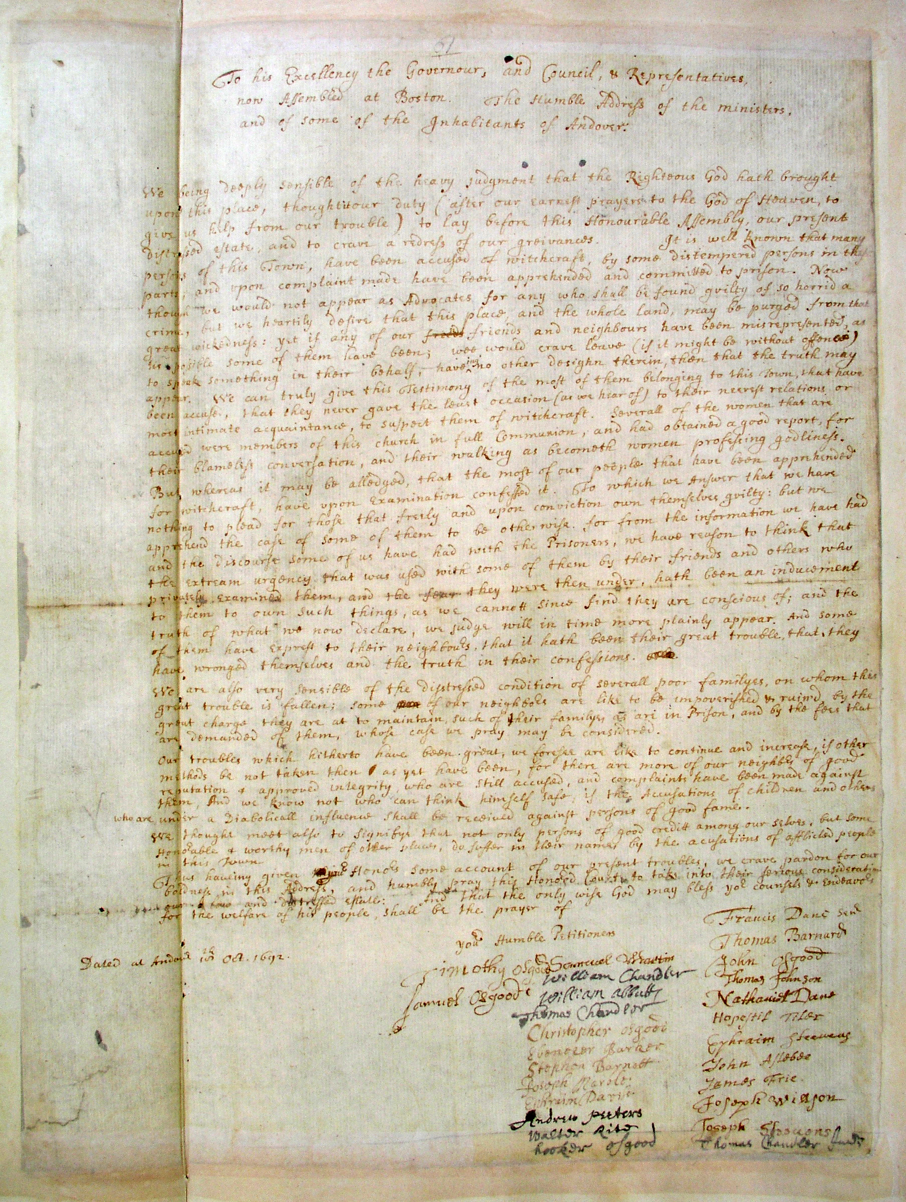 Petition of Twenty-six Andover Men on Behalf of Their Wives and Daughters 1692-10-18