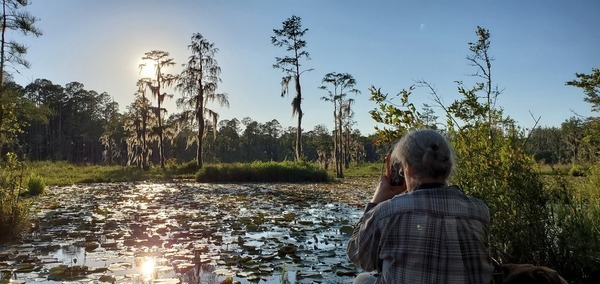 [Gretchen at the pond at sunset]