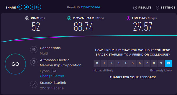 Speedtest.net: 88 Mbps down, 29 up, 52 ms latency