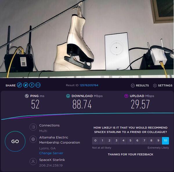 [Hub, Starlink router, BrosTrend RJ45 adapter; Speedtest.net]