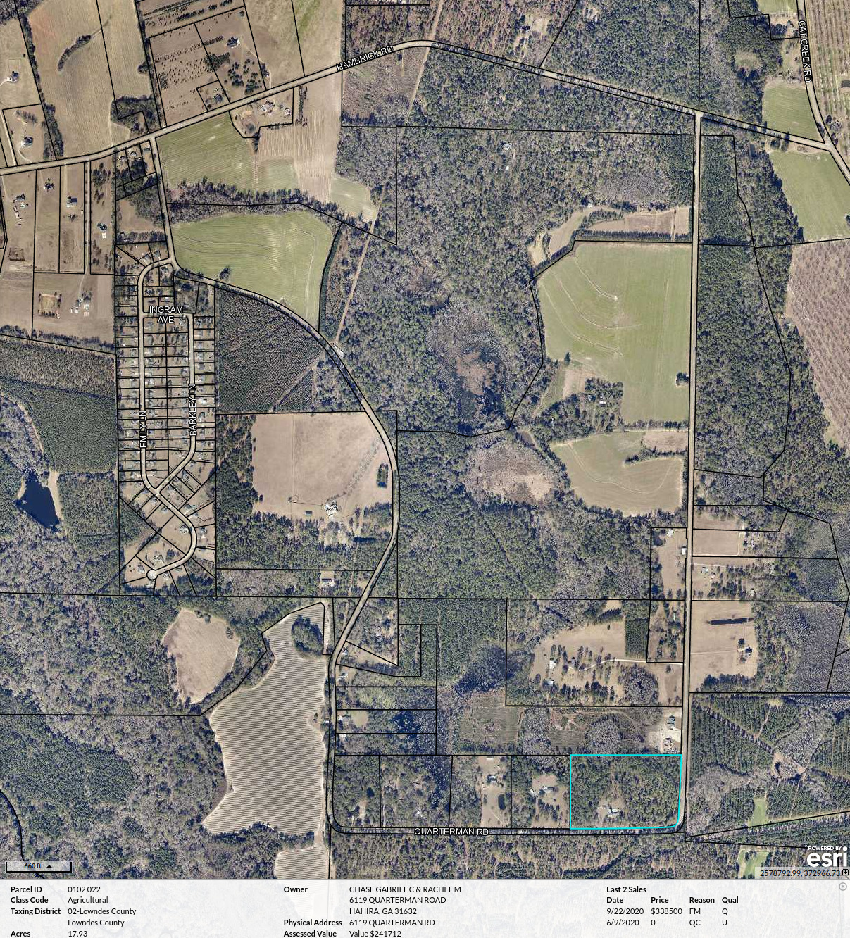 Quarterman Road with Parcel 0102 022 marked in SE corner --Lowndes County Tax Assessors