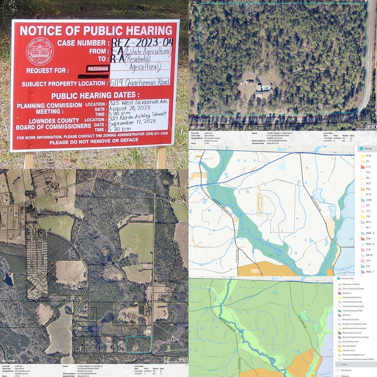 Rezoning sign, site, Quarterman Road, Zoning Map, Agriculture/Forestry/Conservation Character Area