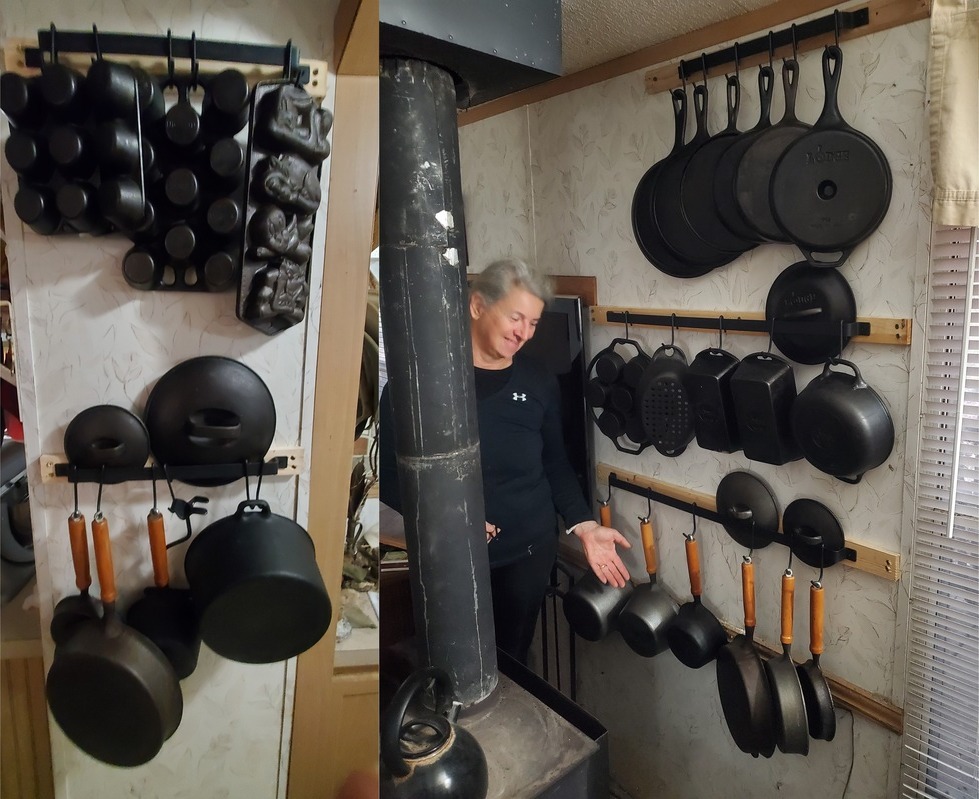 Cast iron on the wall and behind the wood stove