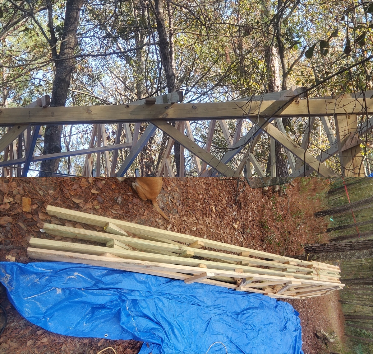 Four roof trusses on the ground and on the plates