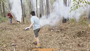 [Movie: Max with fire in pinestraw on a rake (27M), 2026-01-06, 5-acre prescribed burn --jsq for OPF]