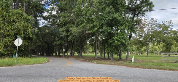[Coppage Road seen from Skipper Bridge Road, 2026:08:08 10:43:16, 30.9929883, -83.2922176 --jsq for CRSG]